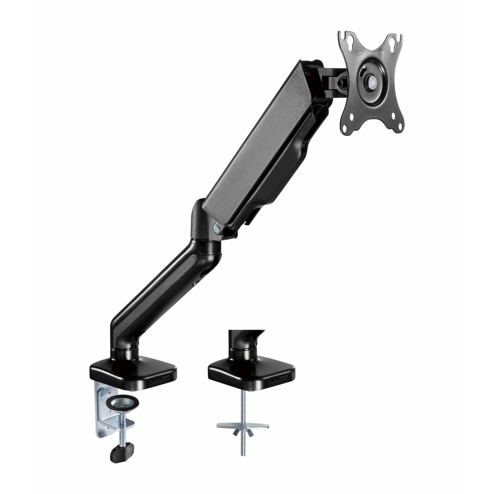A black monitor arm with a clamp and a base. It is designed to hold a computer monitor. Isolated on white.