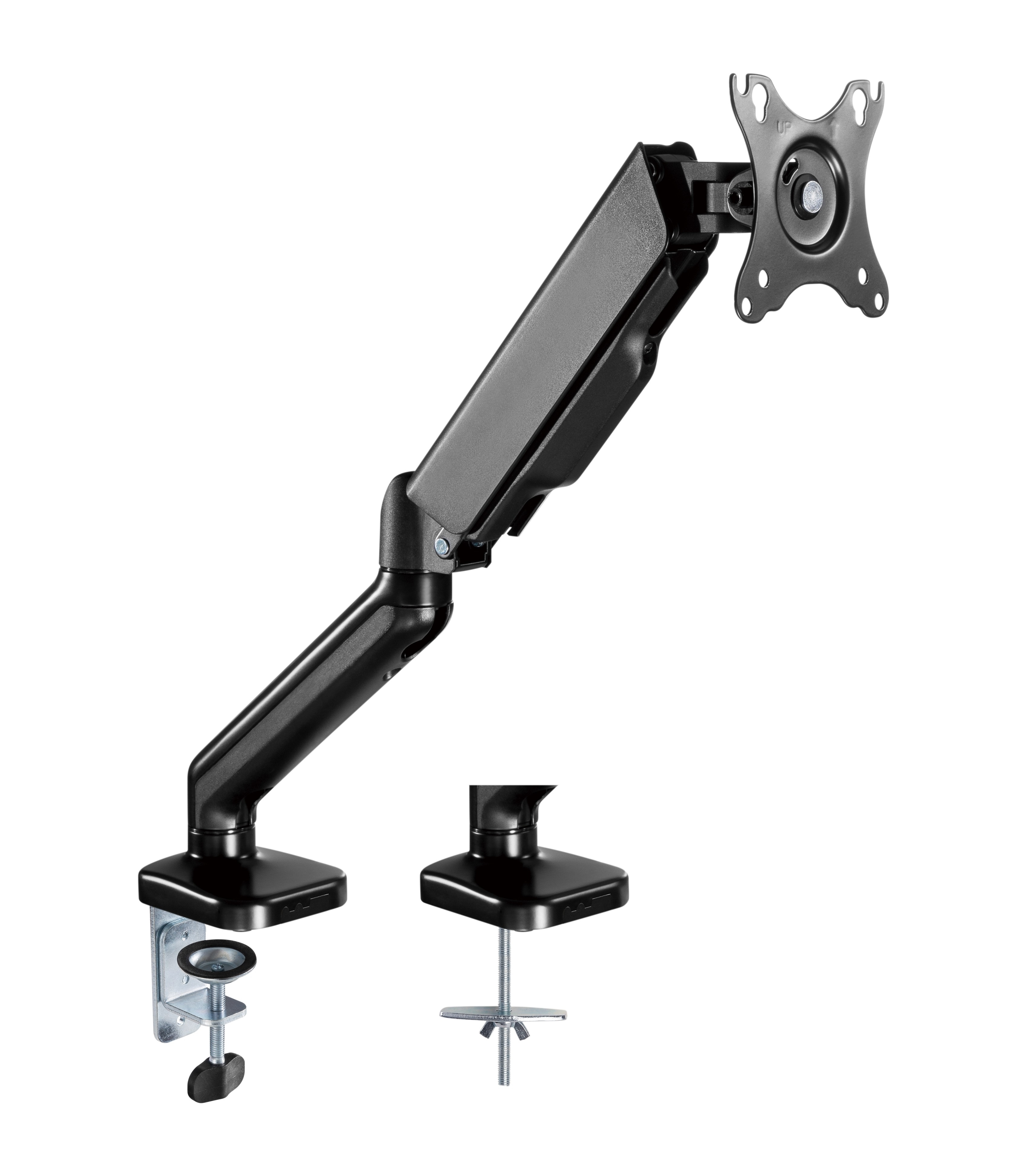 A black monitor arm with multiple joints and a clamp base is shown against a white background.