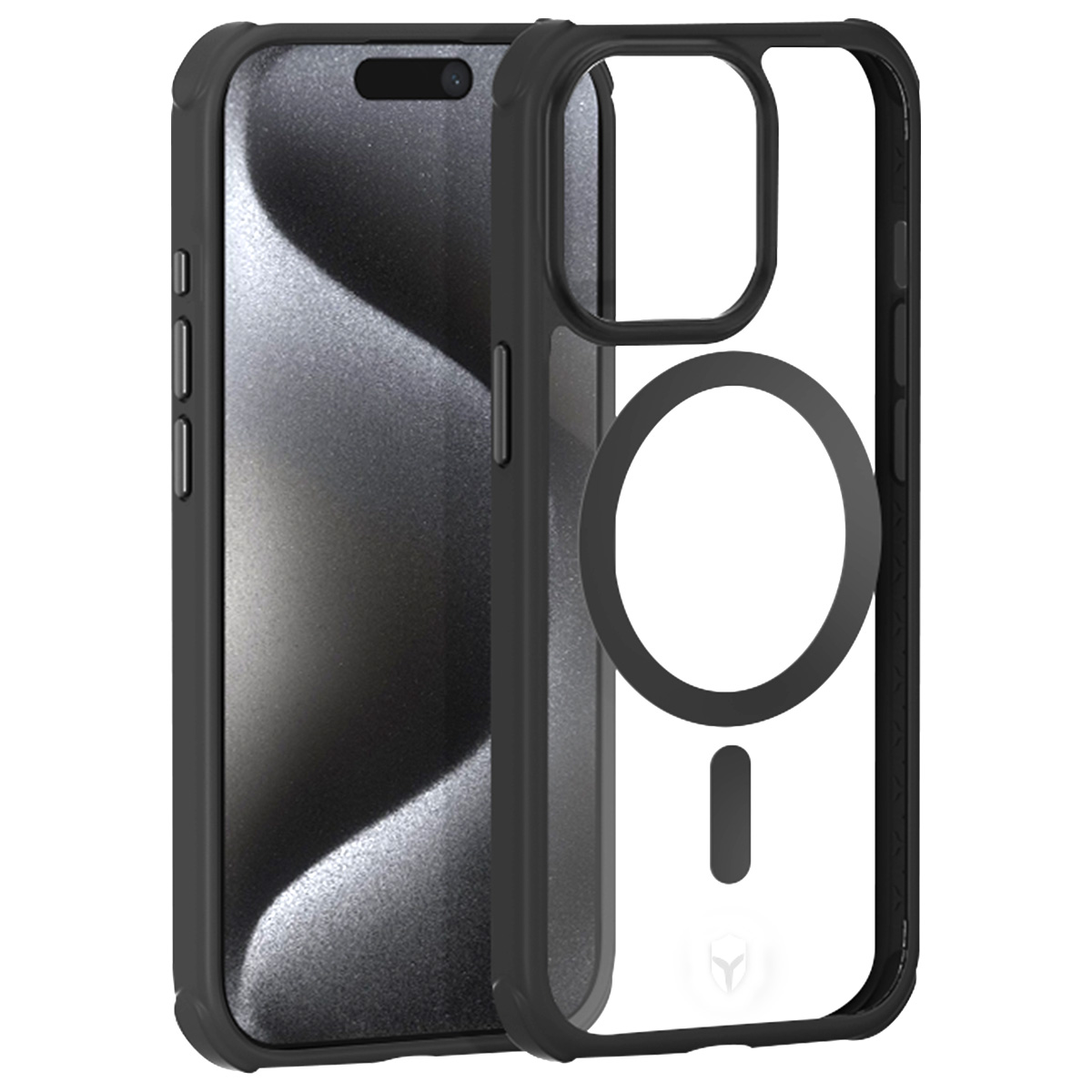 Une coque de téléphone transparente avec un cadre noir protège un téléphone. L'étui a une découpe circulaire et un anneau magnétique.