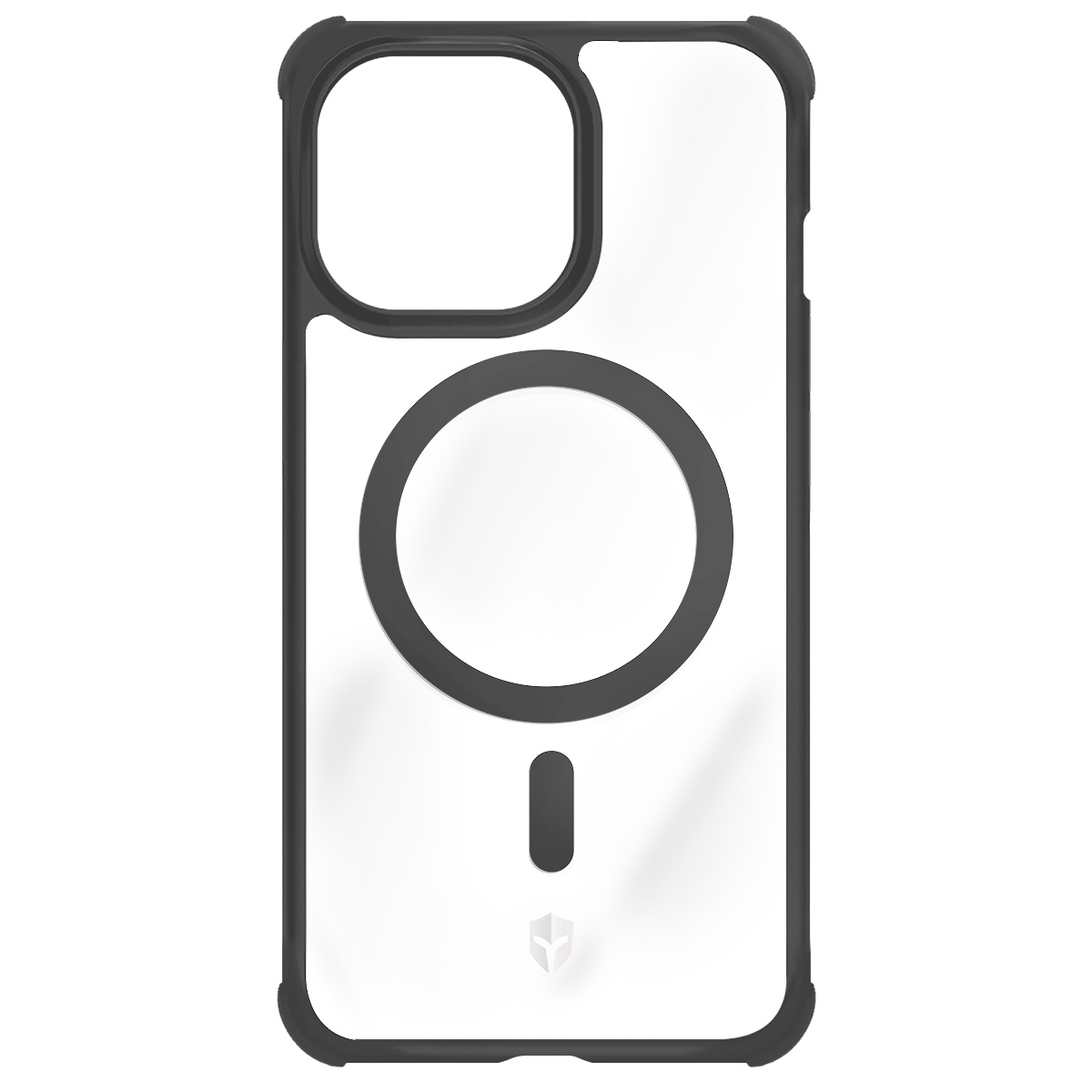Une coque de téléphone transparente avec un cadre noir. Elle comporte un cercle et un rectangle allongé au centre, ainsi qu'un carré pour l'appareil photo.