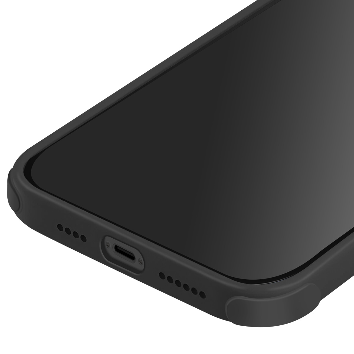 Gros plan sur un smartphone noir. L'écran est sombre et le bord inférieur montre des trous de haut-parleur et un port de chargement.