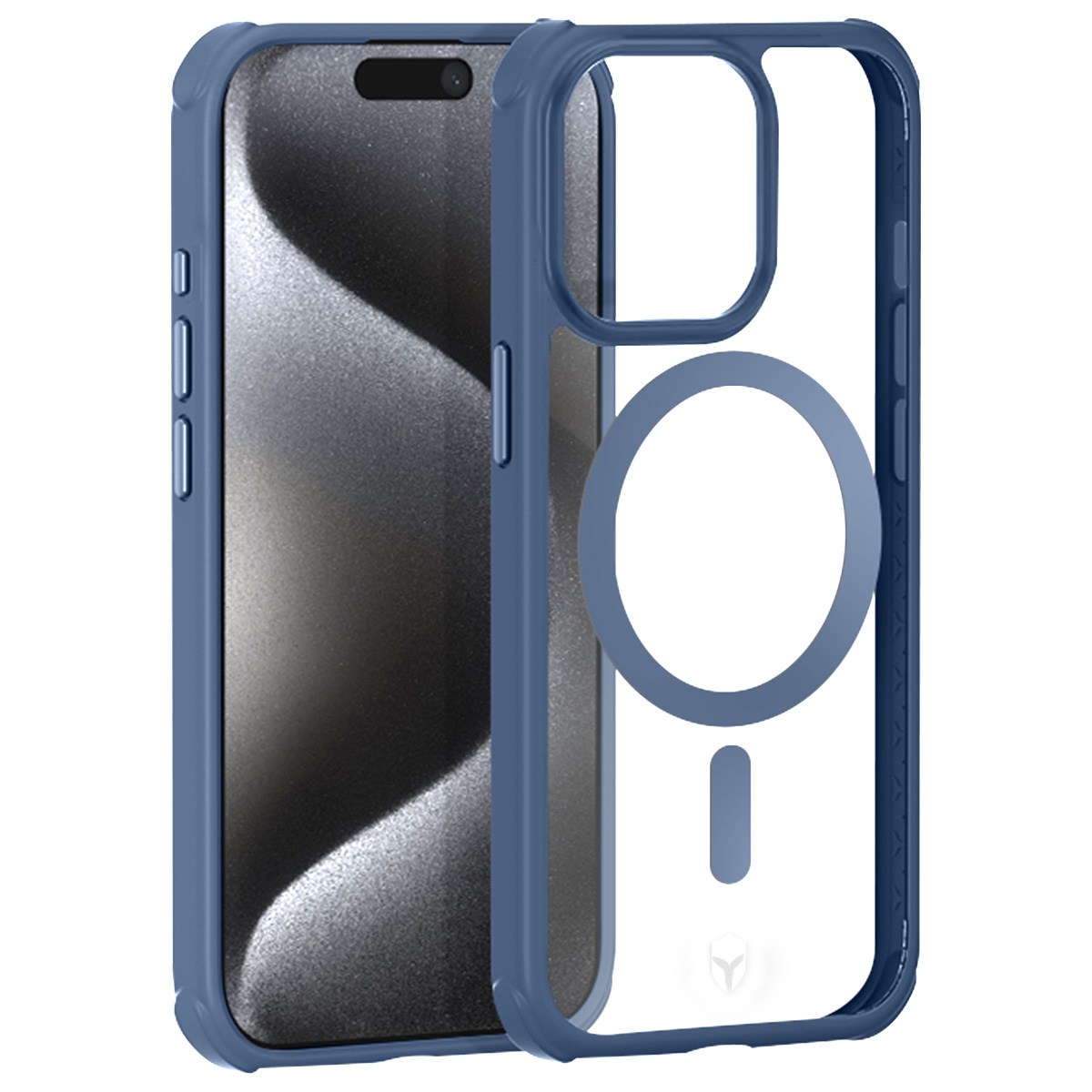 Une coque de téléphone bleue avec un dos transparent et un téléphone à l'intérieur. Elle a un cercle magnétique et un logo.