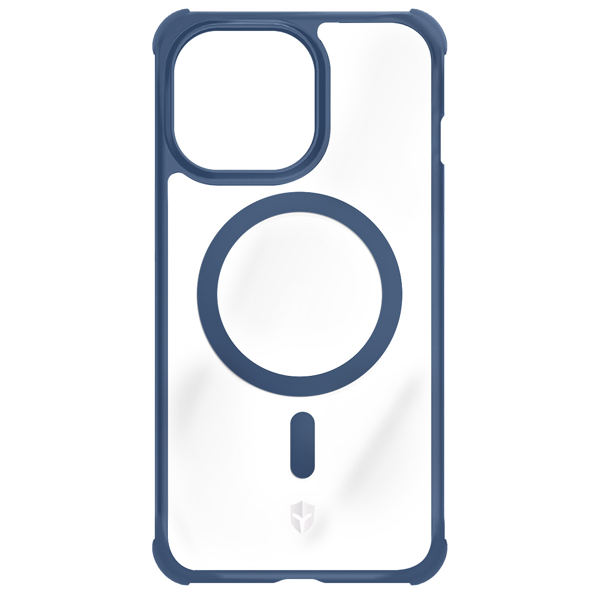 Une coque transparente pour iPhone avec un bord bleu foncé. Elle a un anneau MagSafe circulaire et un petit logo.
