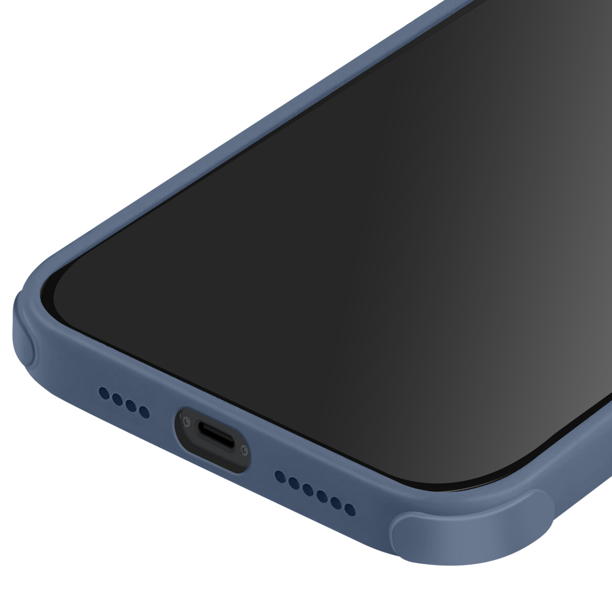 Gros plan d'une coque de téléphone bleue avec écran noir. La coque a des trous de haut-parleur et un port de chargement.