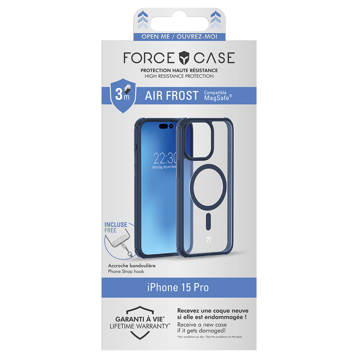 Un emballage de coque de téléphone avec un iPhone 15 Pro, avec l'heure à l'écran. Il est écrit 'Air Frost' et a une garantie à vie.
