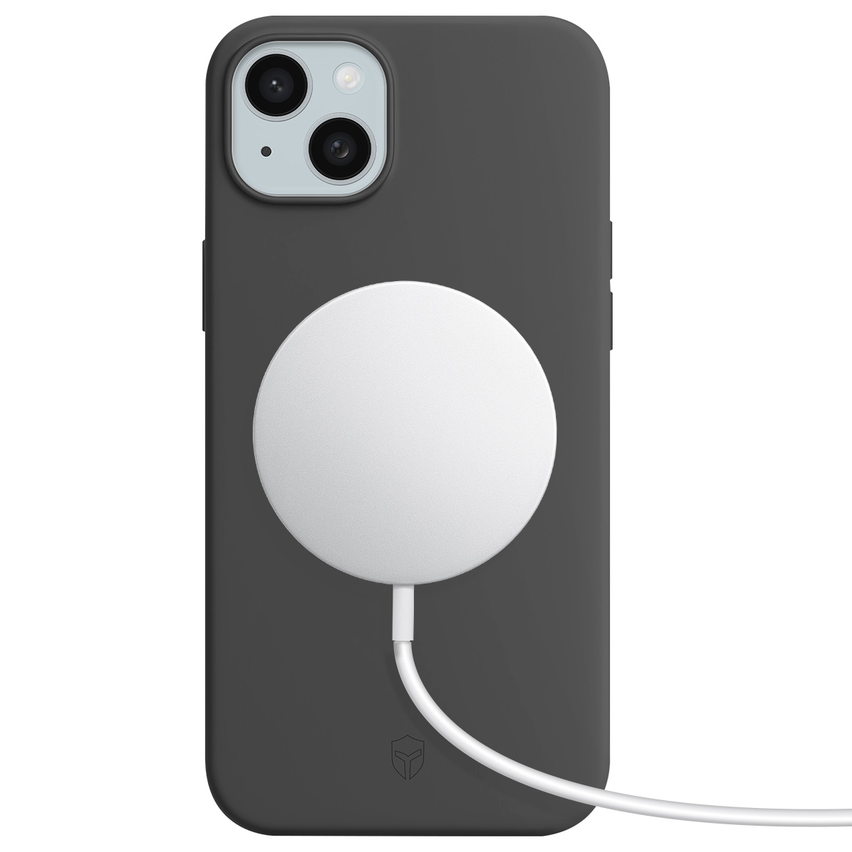 Een donkergrijze telefoonhoes met een witte cirkelvormige oplader bevestigd. De telefoon heeft een camerabult. Een witte kabel komt uit de oplader.