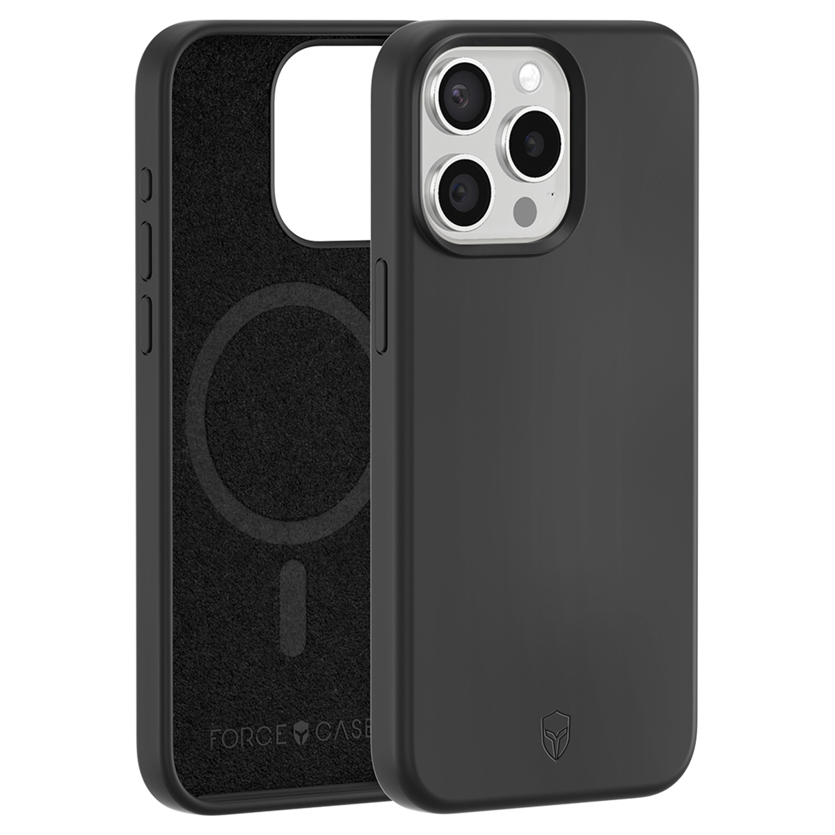 Zwarte telefoonhoes met camera-uitsparing en donker interieur. De telefoonhoes is iets geopend.