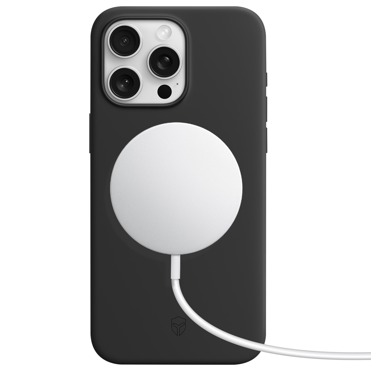 Zwarte iPhone met een MagSafe-oplader bevestigd. De oplader is wit en verbonden met een witte kabel.
