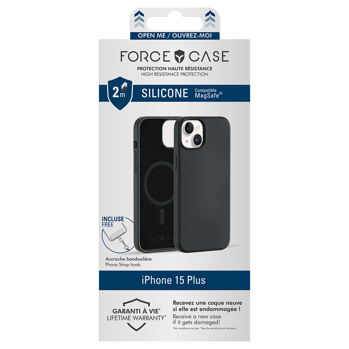 Een telefoonhoesjesverpakking met een iPhone 15 Plus hoesje. Het heeft 'FORCE CASE' branding en levenslange garantie.