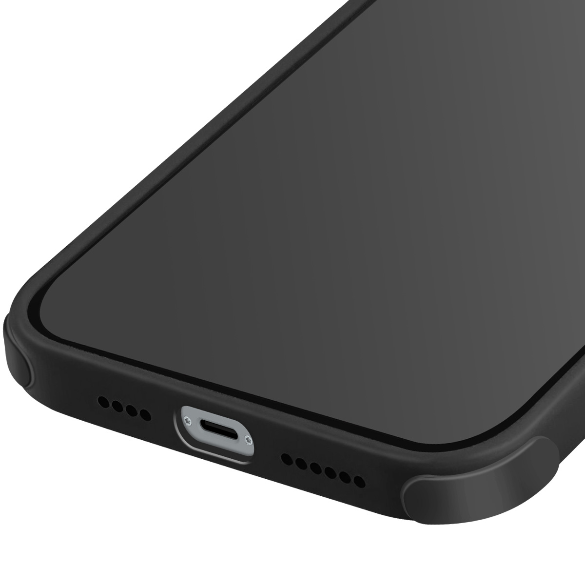 Close-up van een zwarte smartphone. Het scherm is donker. De onderrand toont een oplaadpoort en luidsprekergaten.