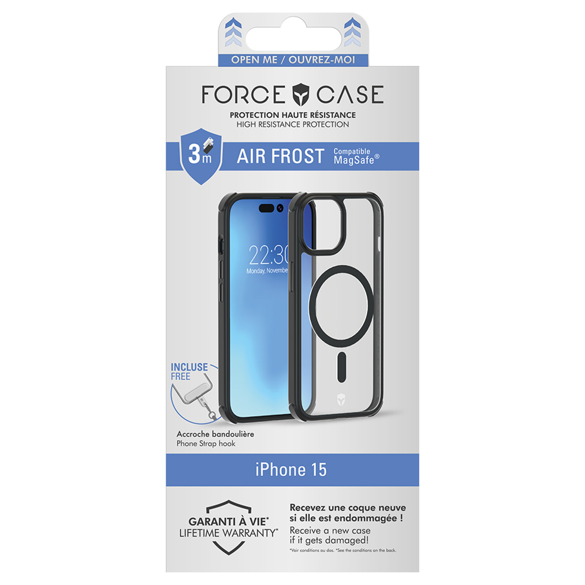 Een telefoonhoesverpakking. Het toont een telefoon in de hoes met de tijd 22:30. De hoes is Air Frost en MagSafe compatibel.