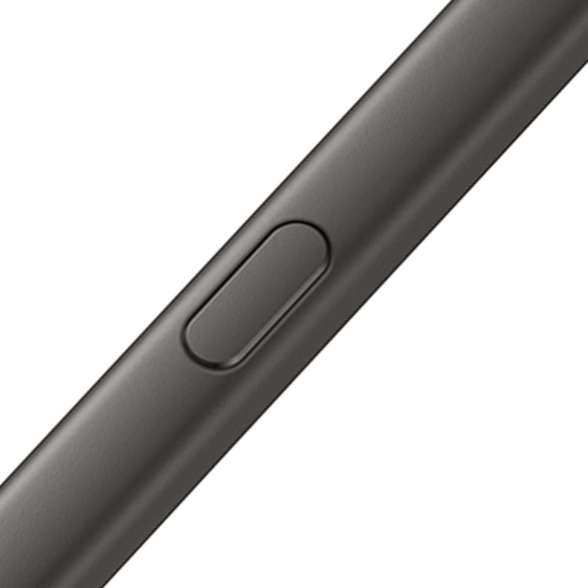 Zbliżenie ciemnoszarego rysika. Ma przycisk w kształcie pigułki z boku. Tło jest białe.