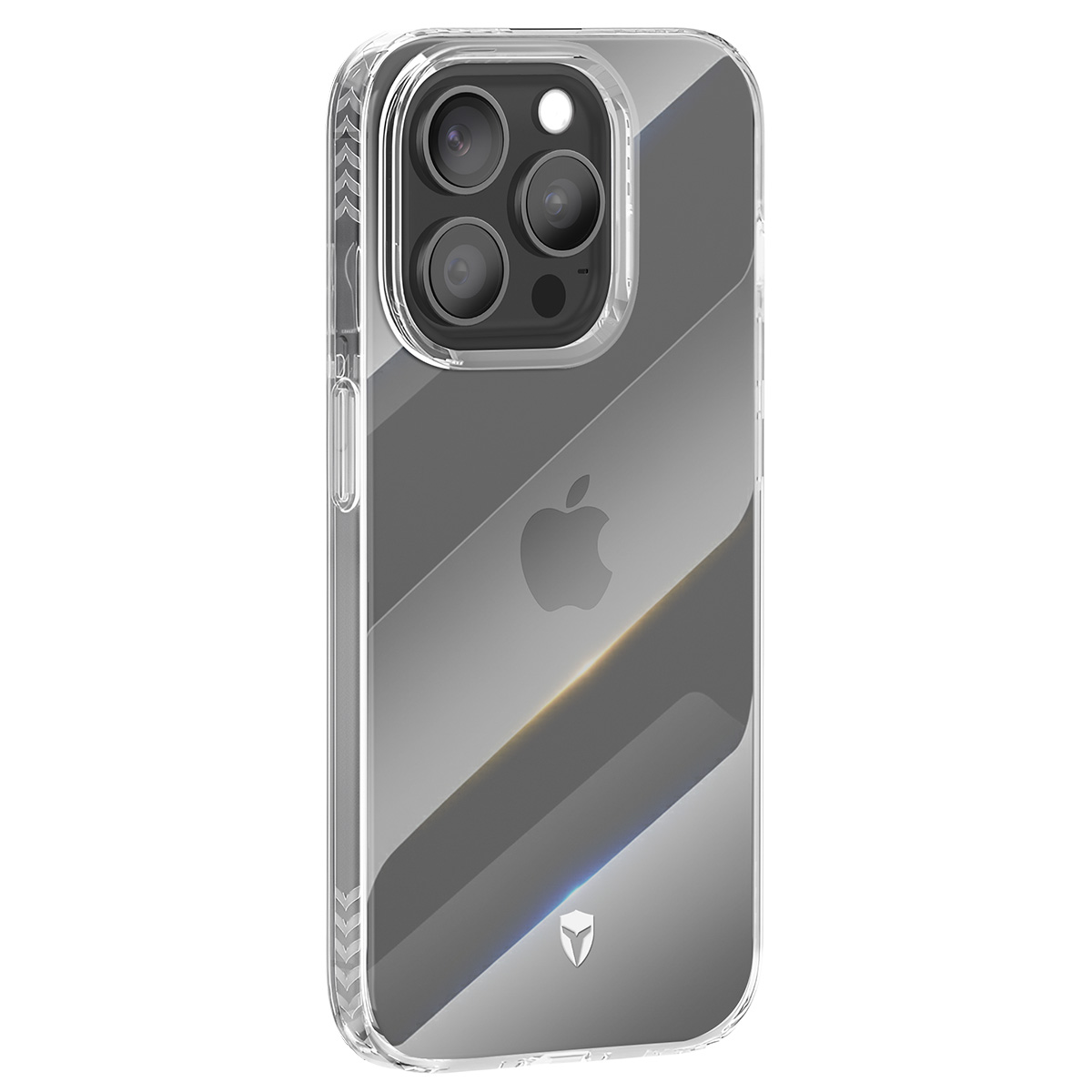 Una custodia trasparente per telefono con un design a righe grigie. È visibile il logo Apple. La custodia ha un ritaglio per la fotocamera con tre lenti.