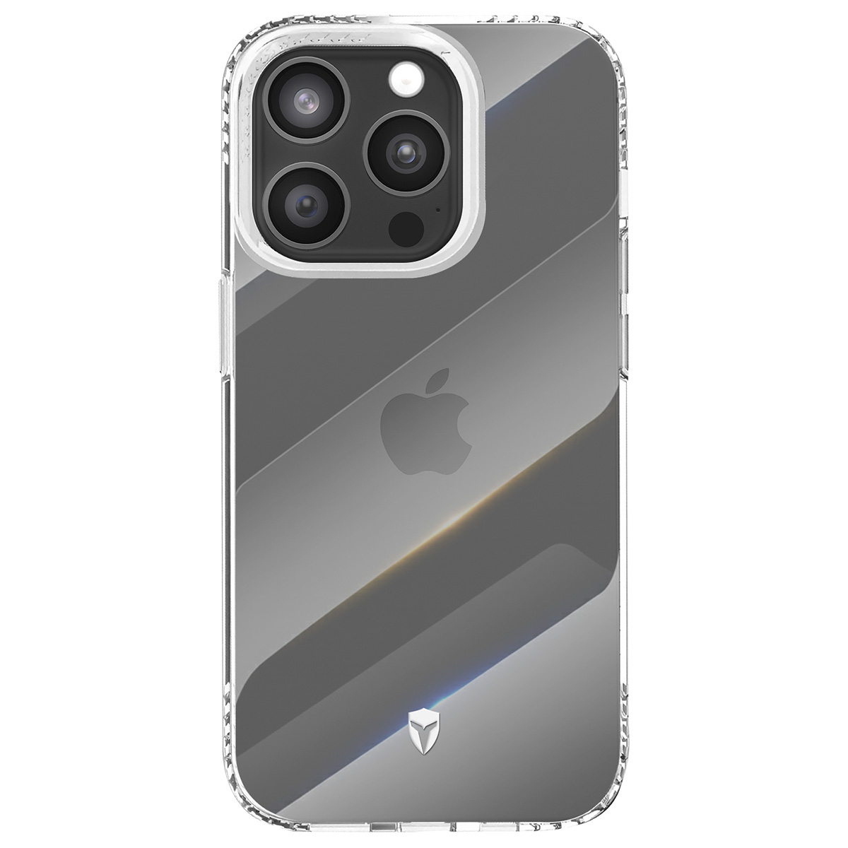 Un iPhone in una custodia trasparente. Il telefono ha tre fotocamere, un flash e il logo Apple. La custodia ha un logo.