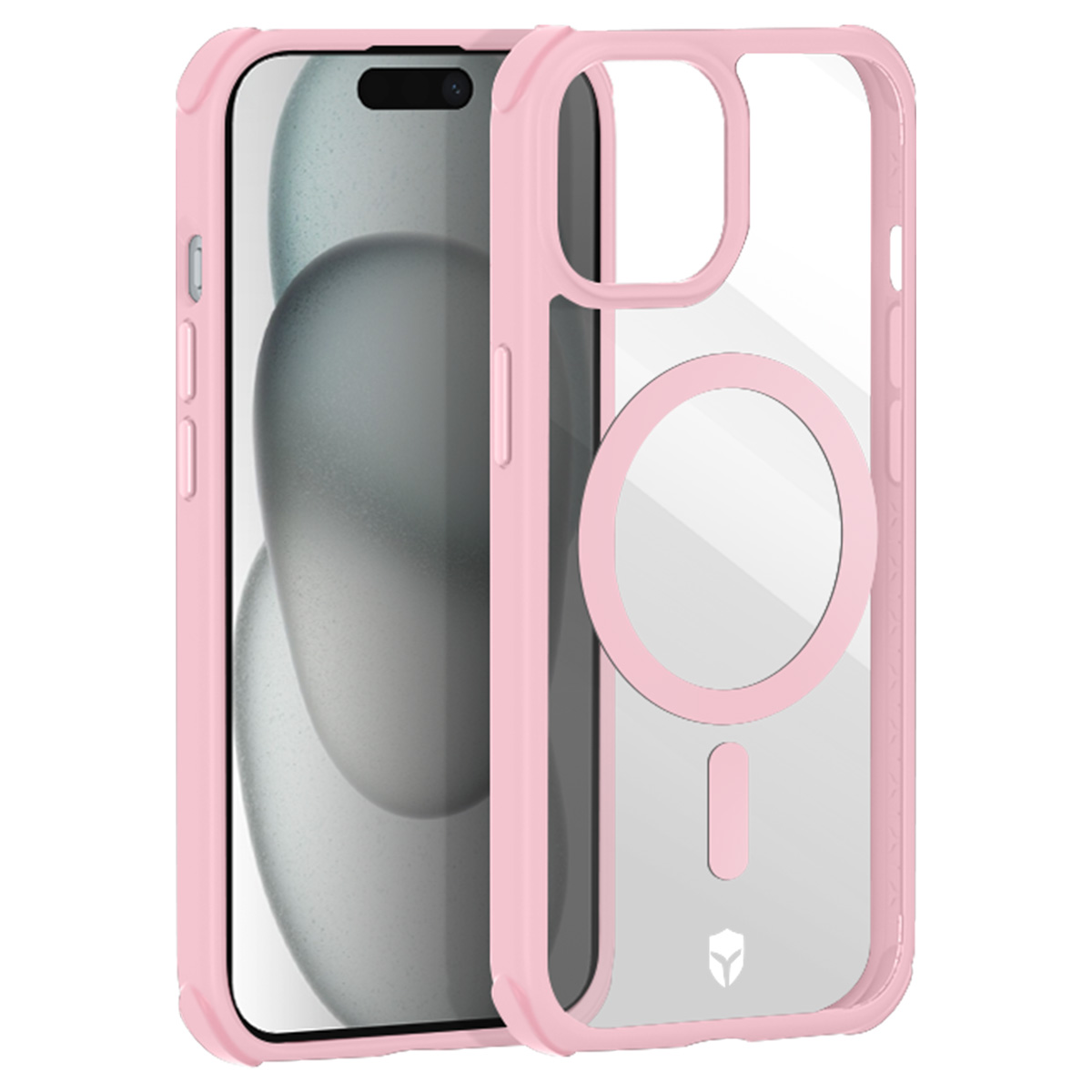 Coque de téléphone rose avec dos transparent, cercle et ligne transparents, et un iPhone à l'intérieur, montrant la caméra et l'écran.
