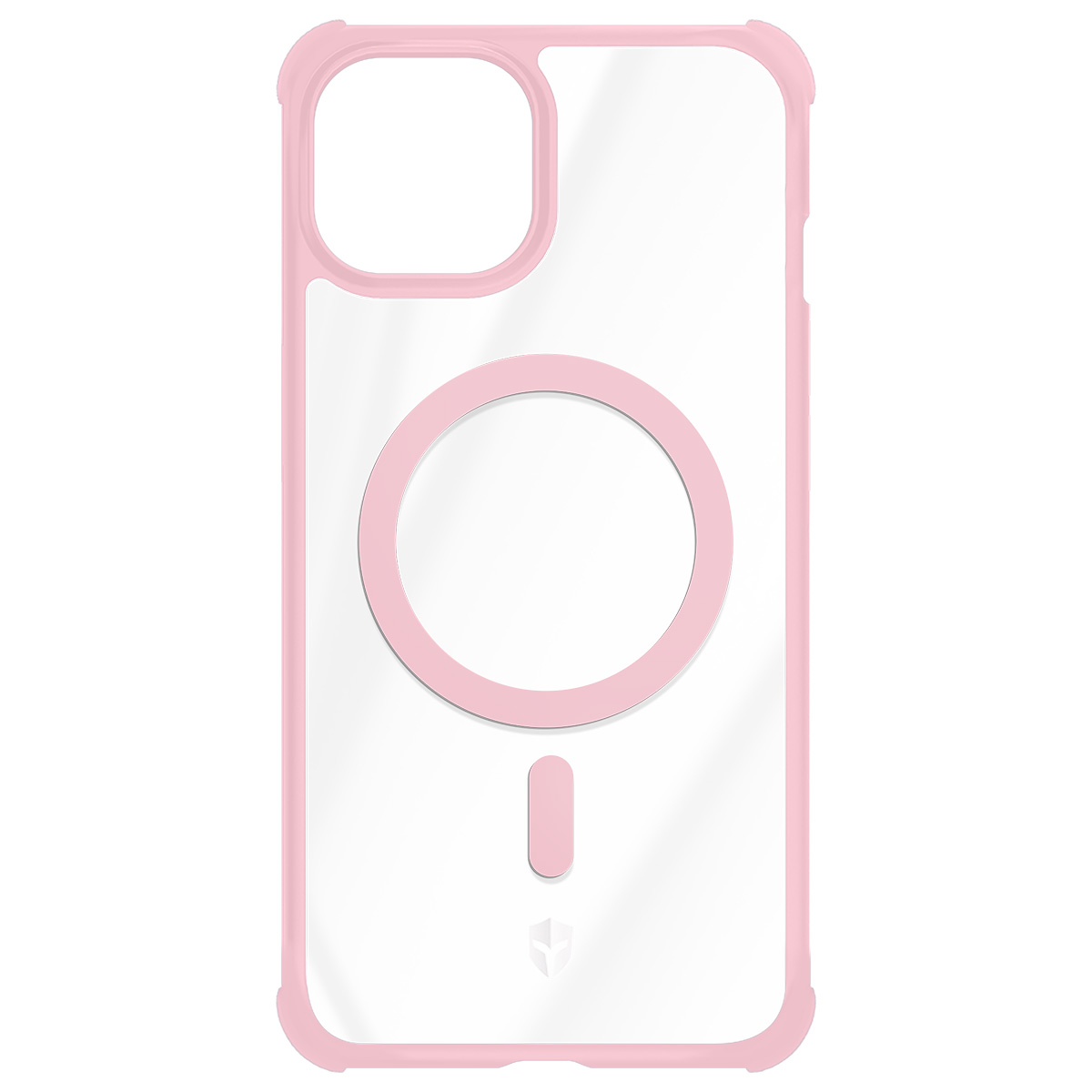 Une coque transparente pour iPhone avec bordure et accents roses. Elle a une découpe pour l'appareil photo, un cercle magnétique et un port de charge.