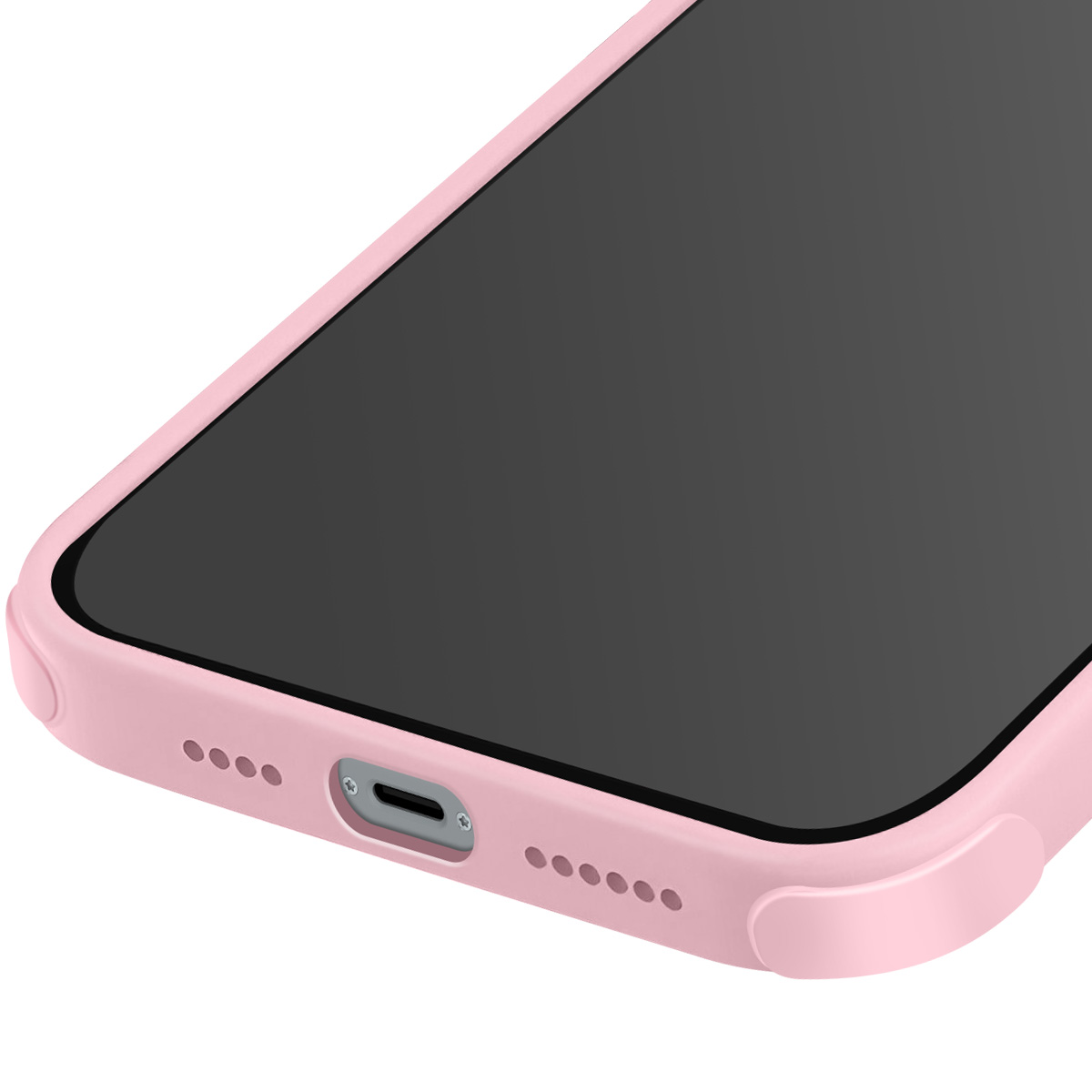 Gros plan sur une coque de téléphone rose avec un écran noir. L'étui comporte plusieurs trous et un port de chargement.