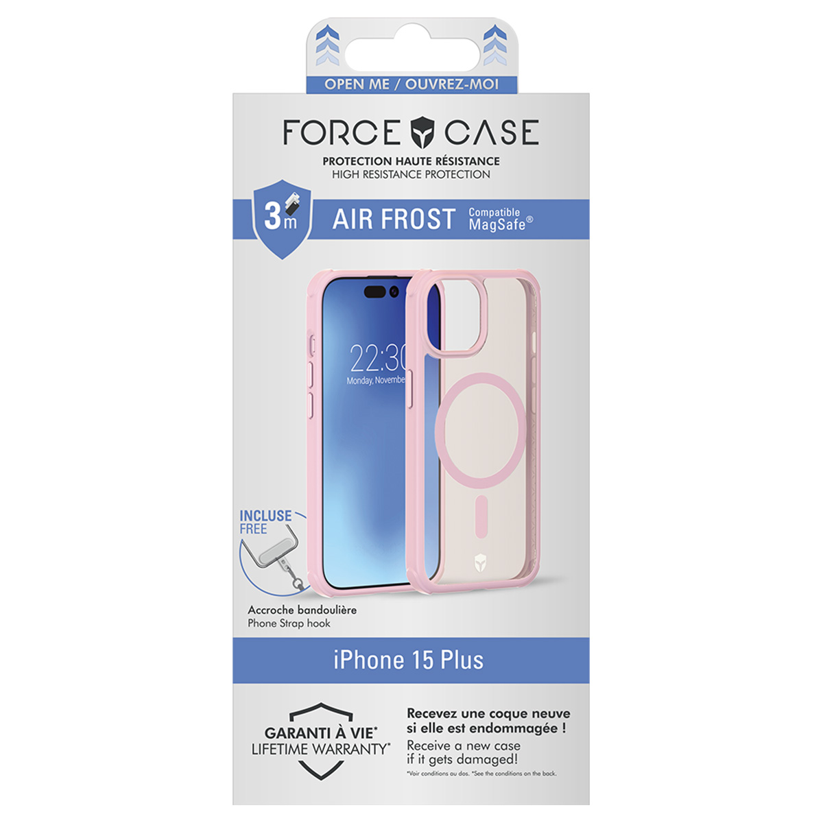 Une boîte de coque de téléphone avec une coque iPhone 15 Plus. Elle est rose avec un dos transparent. Texte : 'FORCE CASE' et 'LIFETIME WARRANTY'.