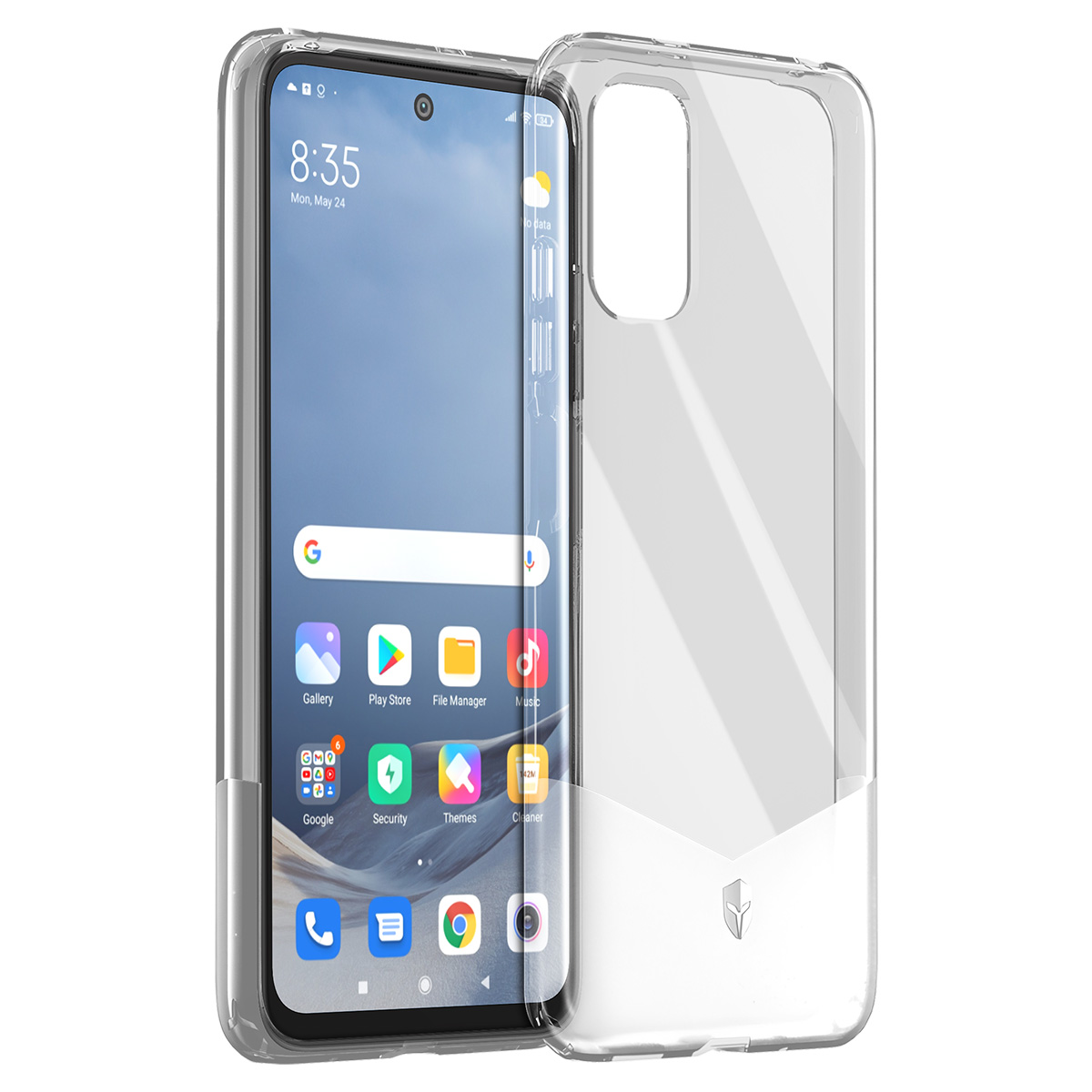 Uno smartphone in una custodia trasparente. Lo schermo mostra l'ora e le icone delle app. La custodia è trasparente.