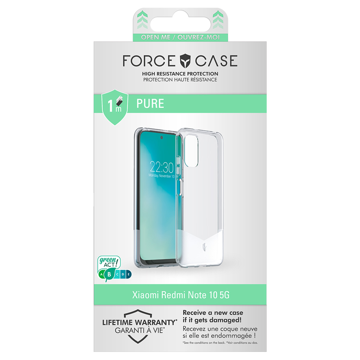 Una confezione di custodia per telefono. Mostra la custodia e lo schermo del telefono. Il testo include 'FORCE CASE' e 'Xiaomi Redmi Note 10 5G'.