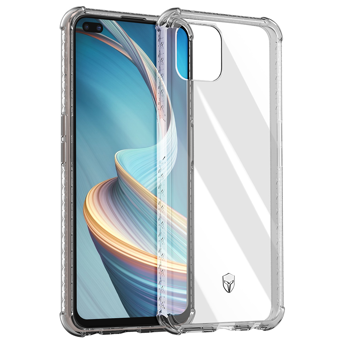 Ein Smartphone in einer transparenten Schutzhülle. Der Bildschirm zeigt ein farbenfrohes abstraktes Bild. Die Hülle hat ein Logo unten.