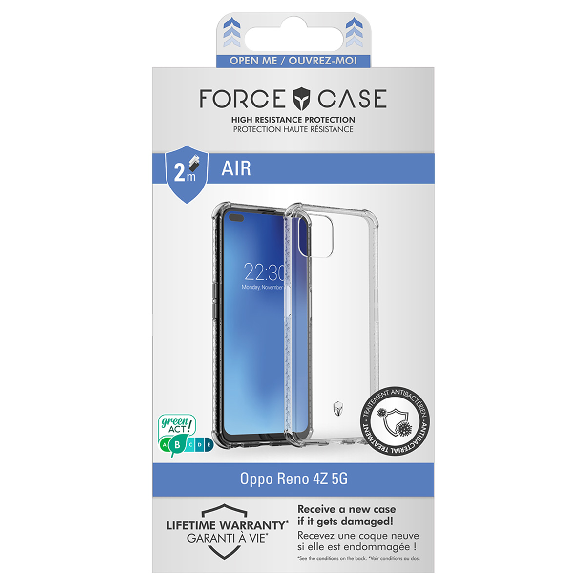 Transparente Handyhülle auf Verpackung. Die Verpackung hat Text wie 'FORCE CASE' und 'Oppo Reno 4Z 5G'.