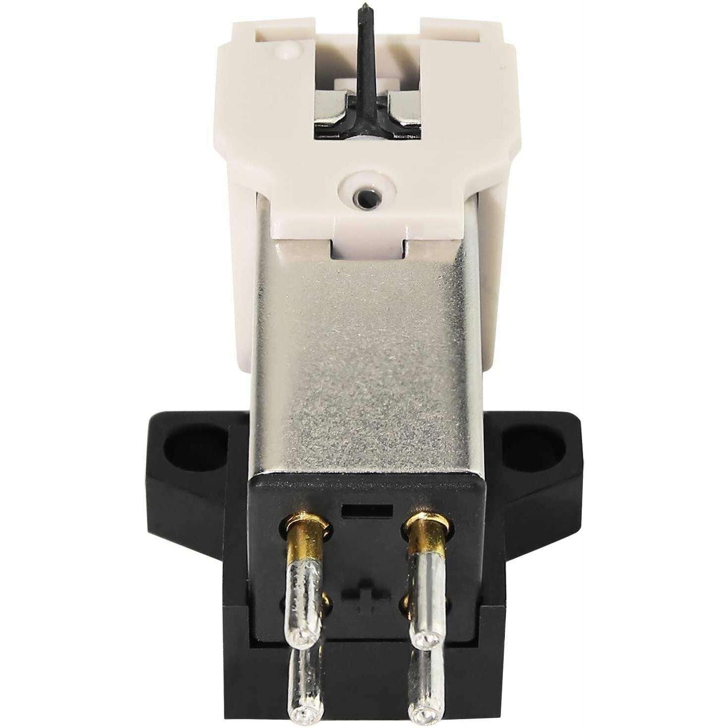 Primer plano de un cartucho de tocadiscos con aguja negra, cuerpo beige y plateado, y base negra, aislado sobre blanco.