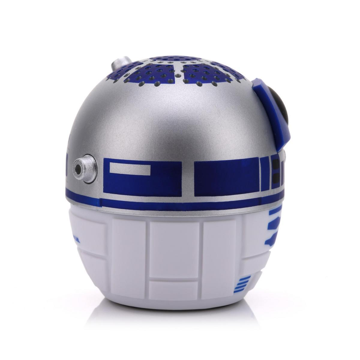 Star Wars R2-D2 şeklinde bir hoparlör. Mavi detaylara sahip gümüş bir üst kısma ve mavi vurgulu beyaz bir alt kısma sahip.