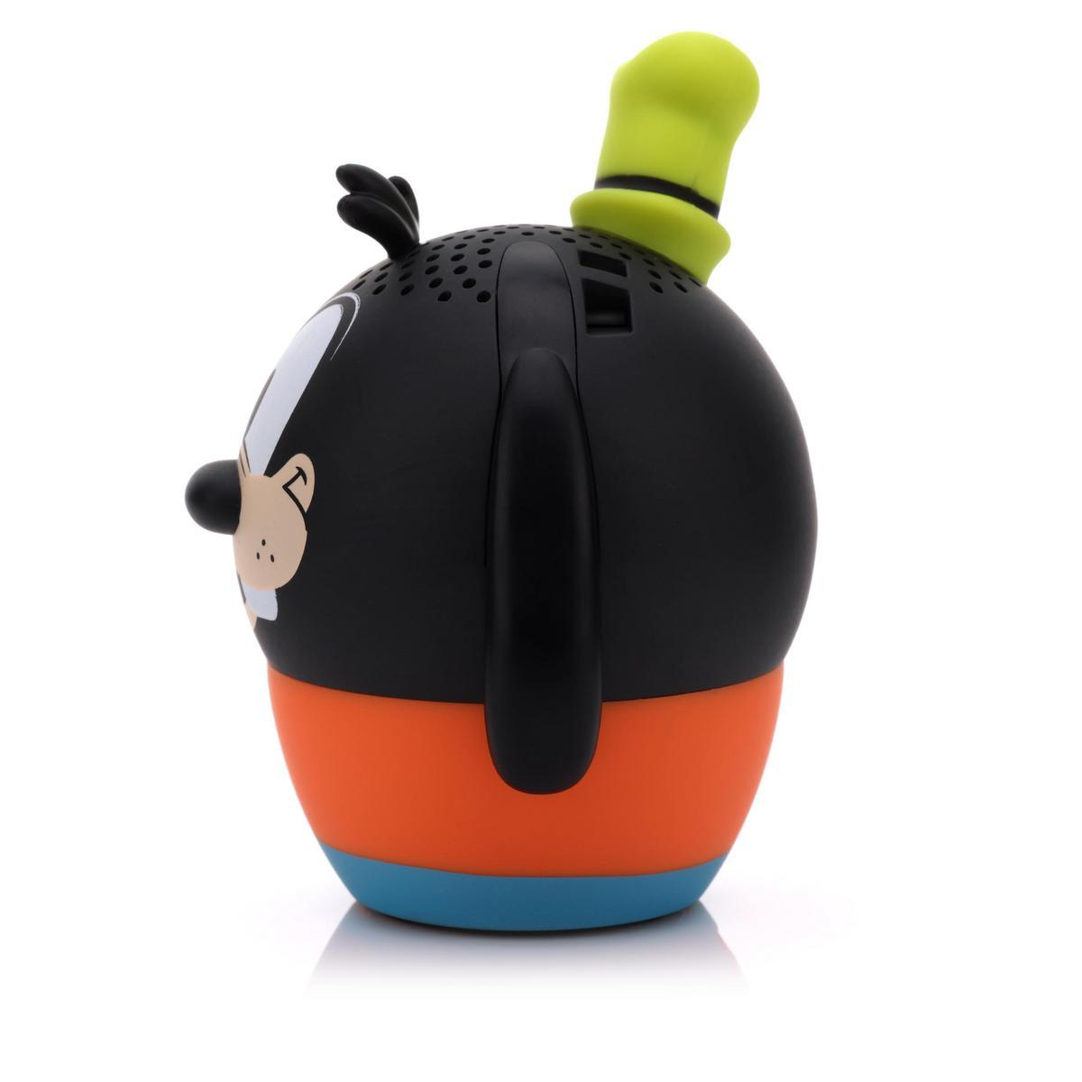 Een Goofy-vormige luidspreker. Zwarte behuizing met oranje en blauwe basis, groene hoed en Goofy's gezicht aan de zijkant.