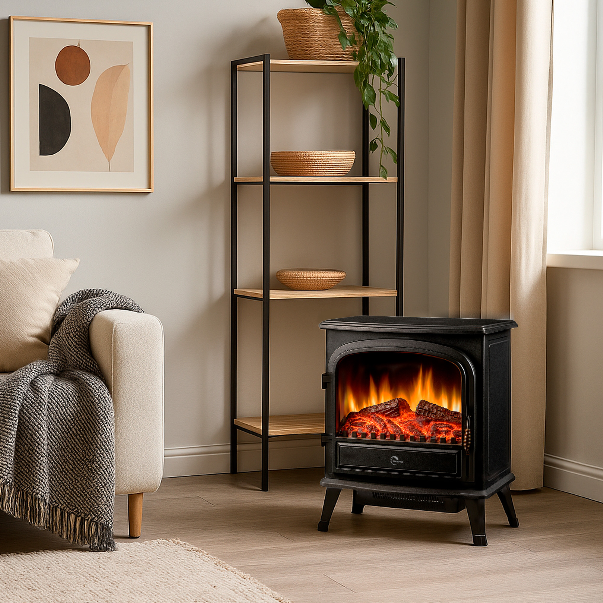 Wohnzimmerszene mit schwarzem Kamin, Regalen mit Dekoration und Sofa mit Decke und Gemälde.