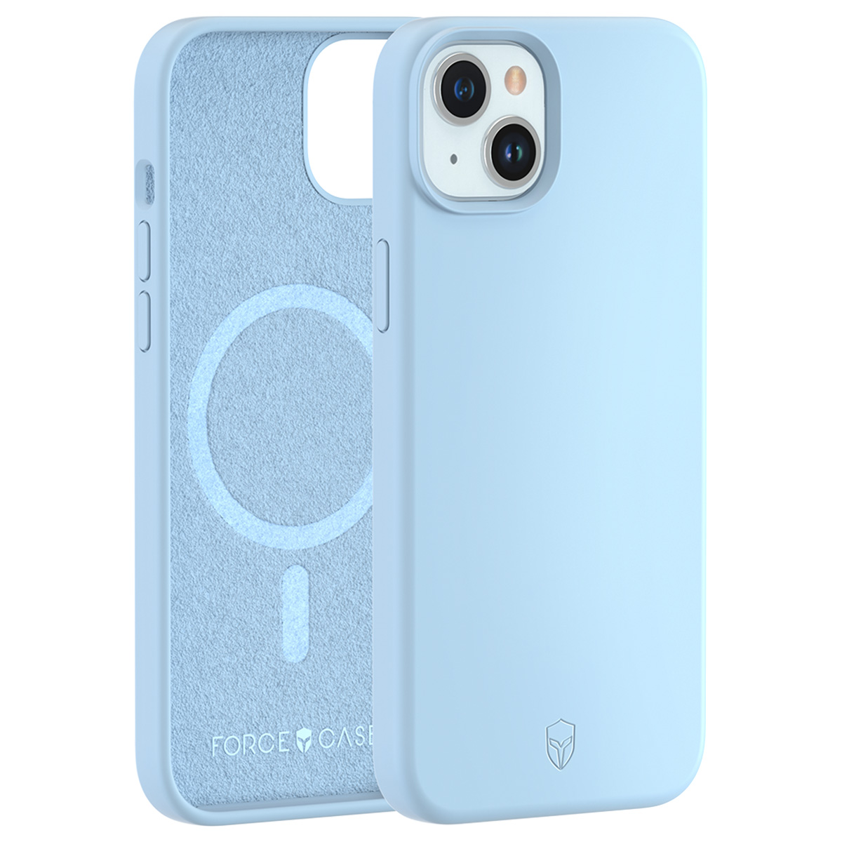 Een lichtblauwe telefoonhoes met een grijze vilt binnenkant. Eén hoesje is open en toont de binnenkant en de andere is gesloten.