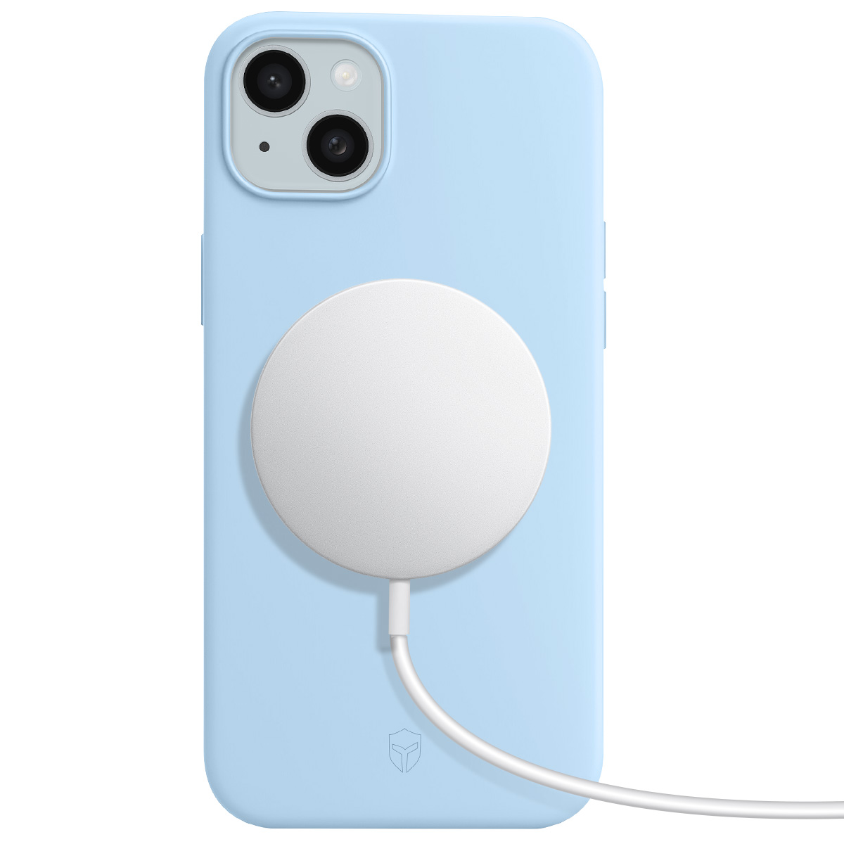 Een lichtblauwe telefoonhoes met een witte, cirkelvormige oplader. De hoes heeft twee cameralenzen. Een witte kabel is aangesloten.