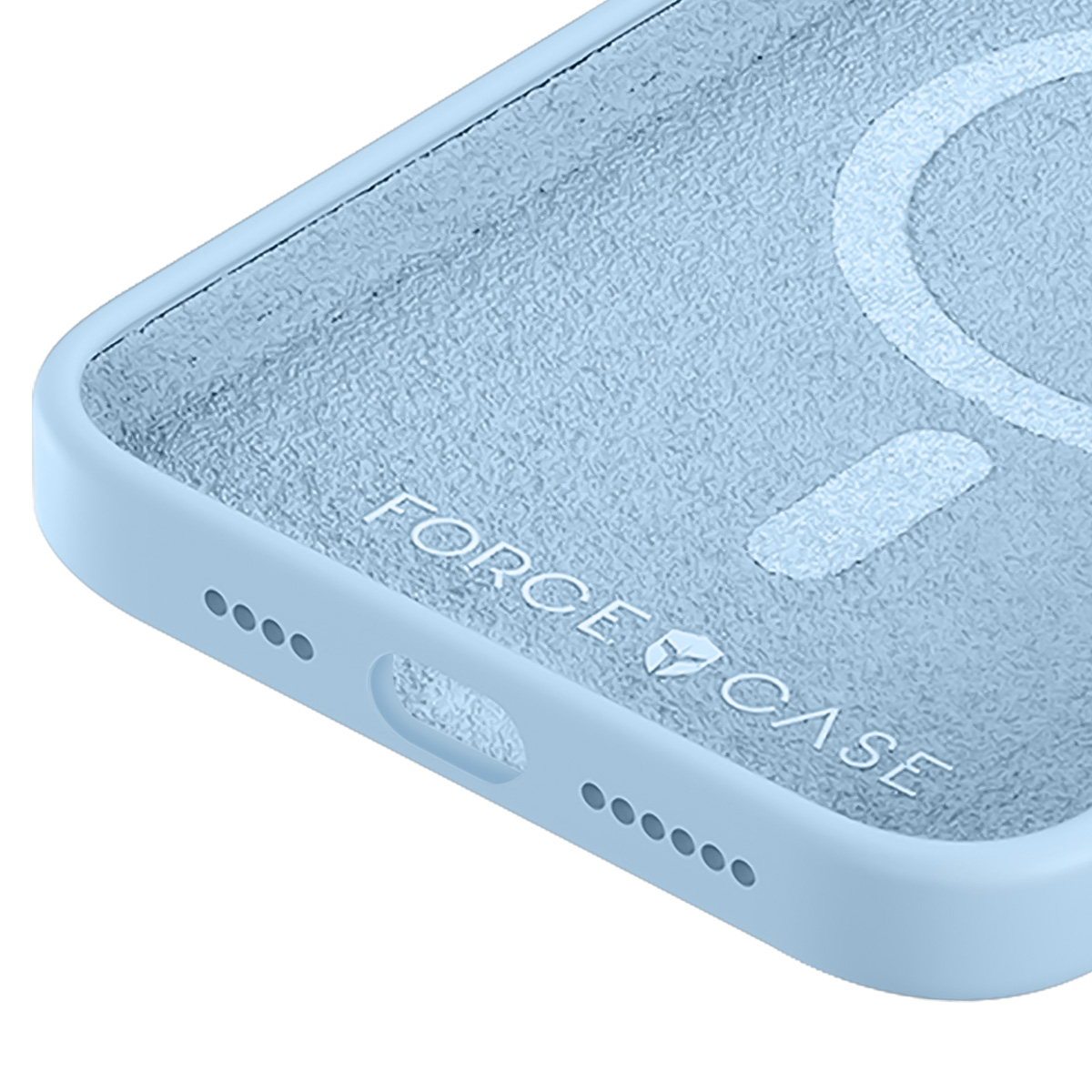Close-up van een lichtblauwe telefoonhoes. Het heeft een getextureerd interieur, een cirkelvormig ontwerp en de merknaam 'FORCE CASE'.