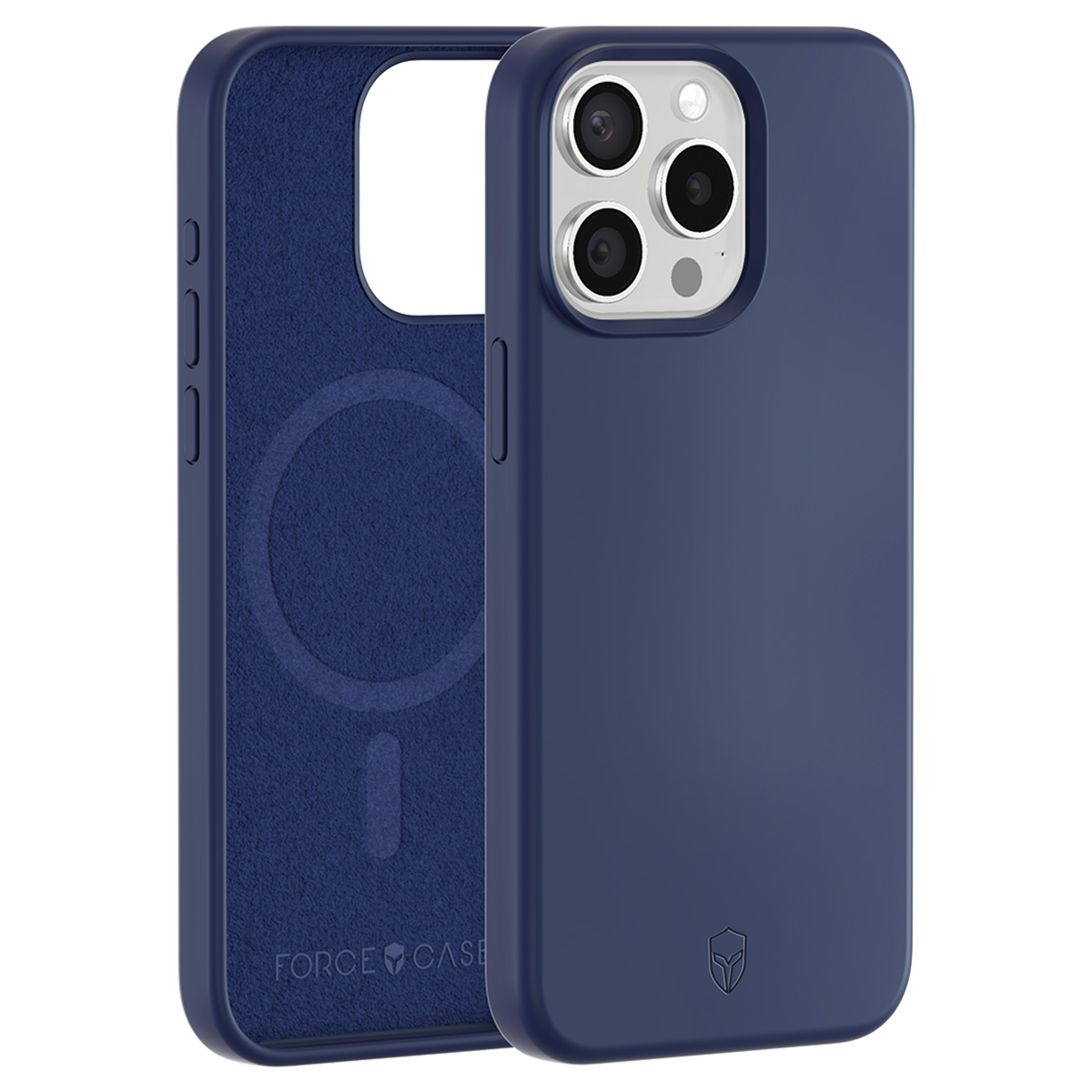 Twee marineblauwe telefoonhoesjes, één open met een zacht interieur, de andere met camera's.