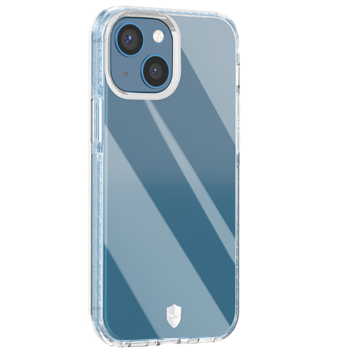 Viene mostrata una custodia trasparente per iPhone con una sfumatura blu. La custodia ha un ritaglio per la fotocamera e un logo in basso.