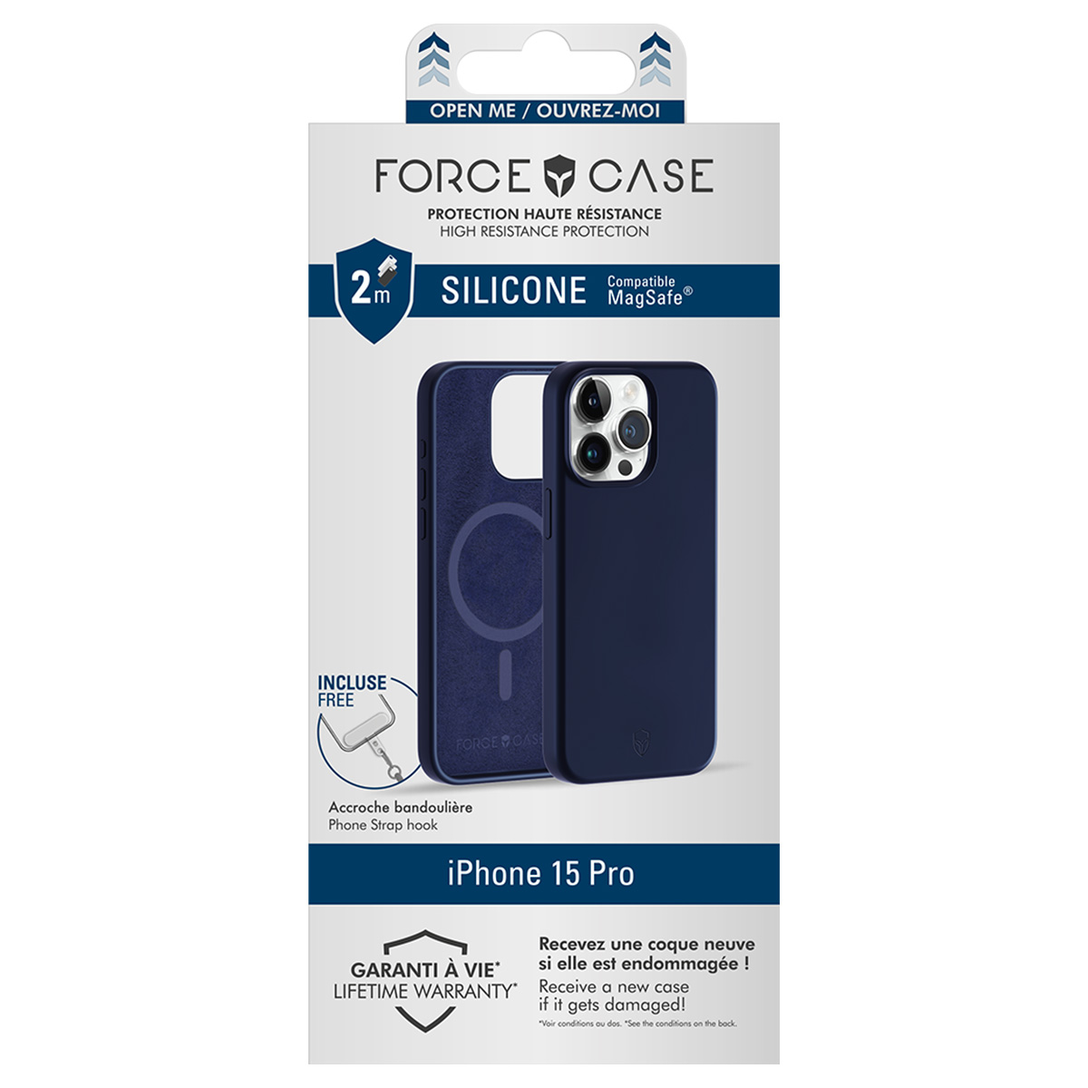 De afbeelding toont een donkerblauwe iPhone 15 Pro case op een witte achtergrond. De verpakking bevat tekst en iconen.
