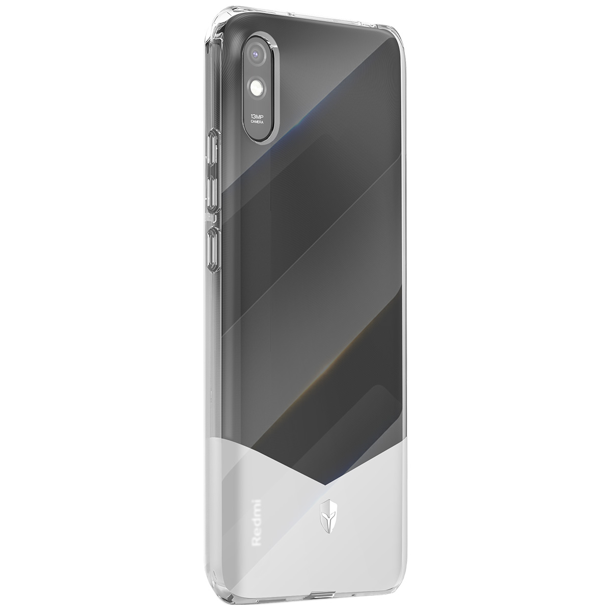Una custodia trasparente per telefono su sfondo bianco. Ha un design nero e grigio sul retro e il logo Redmi in basso.