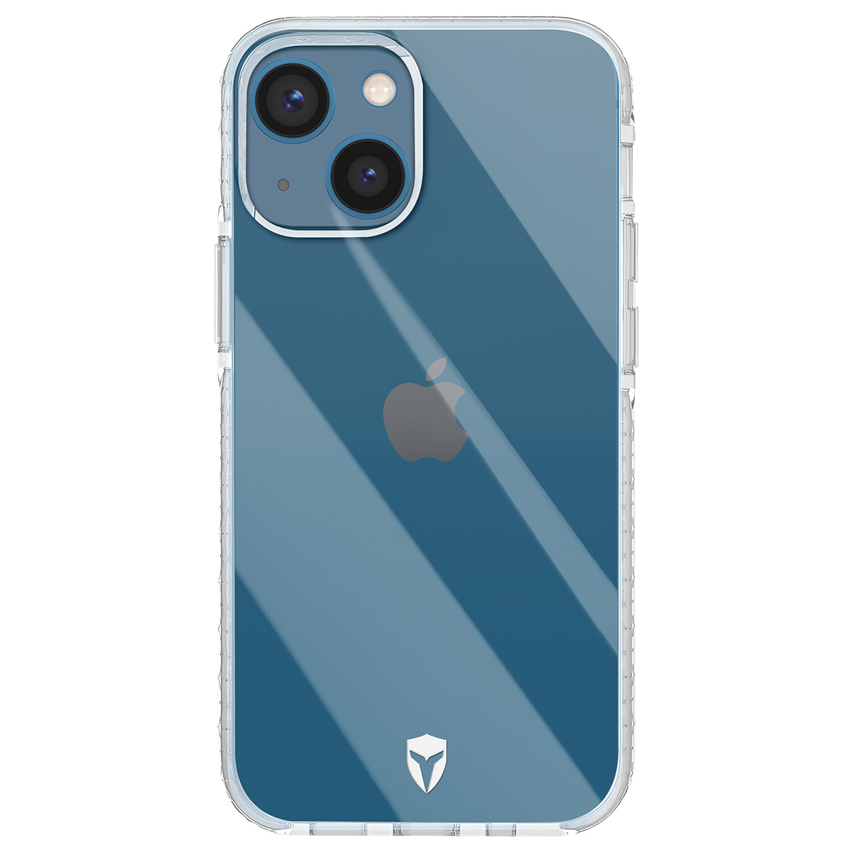 Un iPhone 13 in una custodia protettiva trasparente. Il telefono ha un retro blu, il logo Apple e doppie fotocamere.