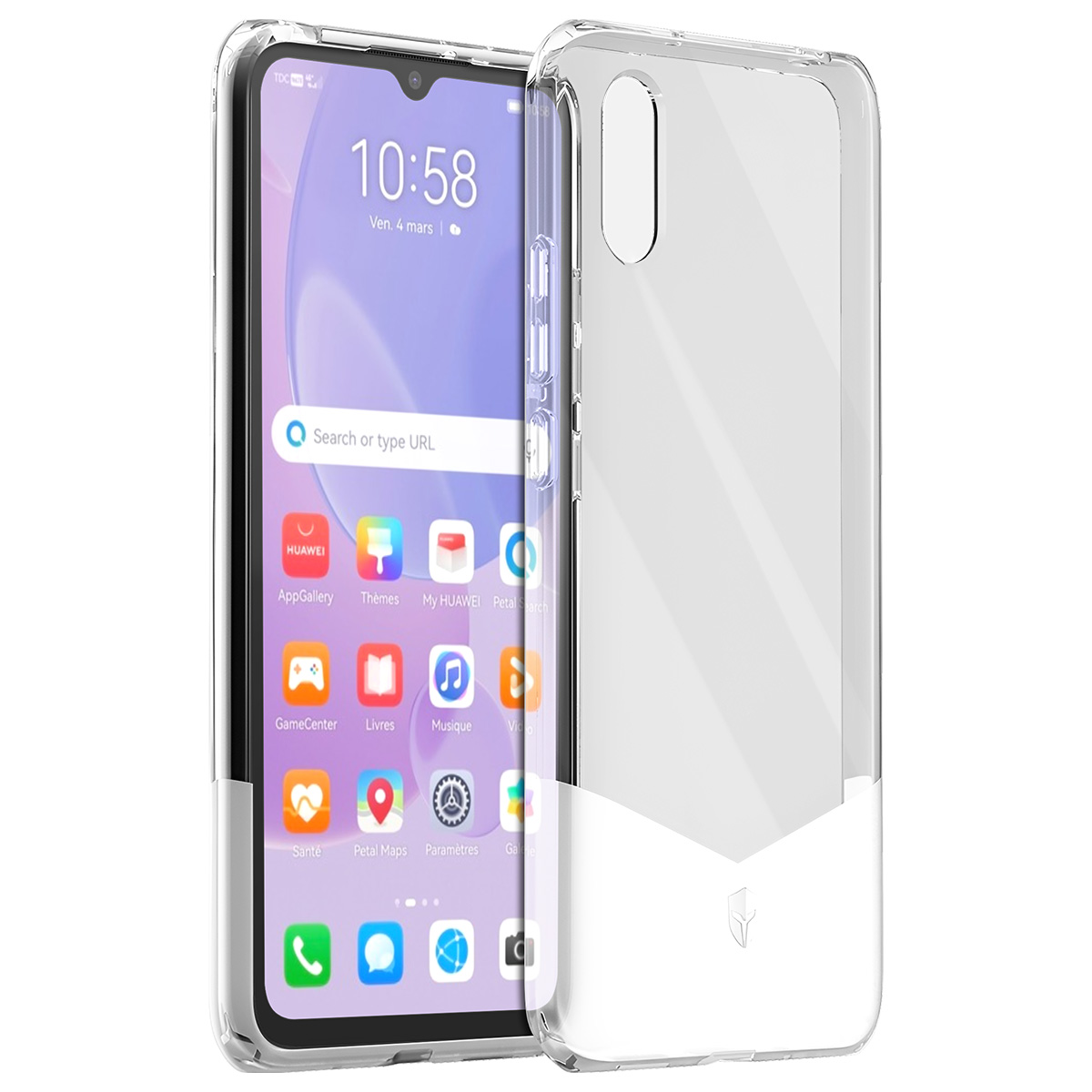 Uno smartphone con custodia trasparente su una superficie bianca. Lo schermo mostra icone e ora. La custodia è accanto.