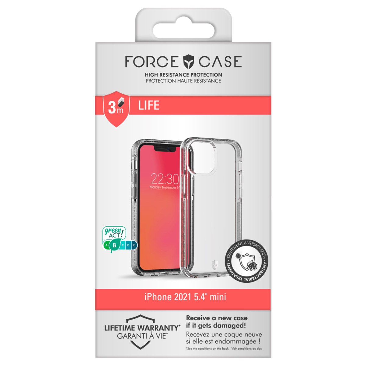 Una confezione di custodia per telefono mostra un telefono con una custodia trasparente. Il testo include 'FORCE CASE', 'iPhone 2021 5.4" mini' e 'Lifetime Warranty'.