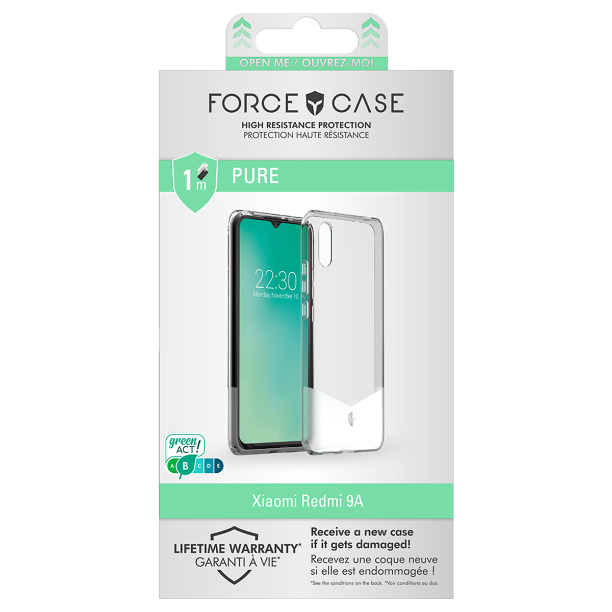 Una confezione di custodia per telefono con un telefono e una custodia trasparente. Il testo include 'FORCE CASE' e 'Xiaomi Redmi 9A'.