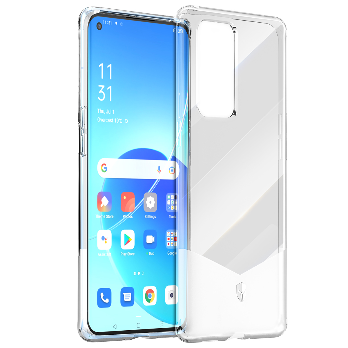 È in mostra uno smartphone con una custodia trasparente. Lo schermo mostra l'ora, la data e le icone delle app. La custodia è separata.