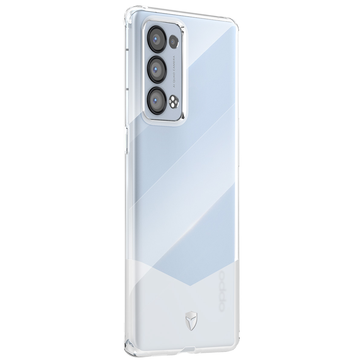 Una custodia trasparente protegge uno smartphone. Il telefono ha una fotocamera a tre lenti e il logo Oppo è visibile.