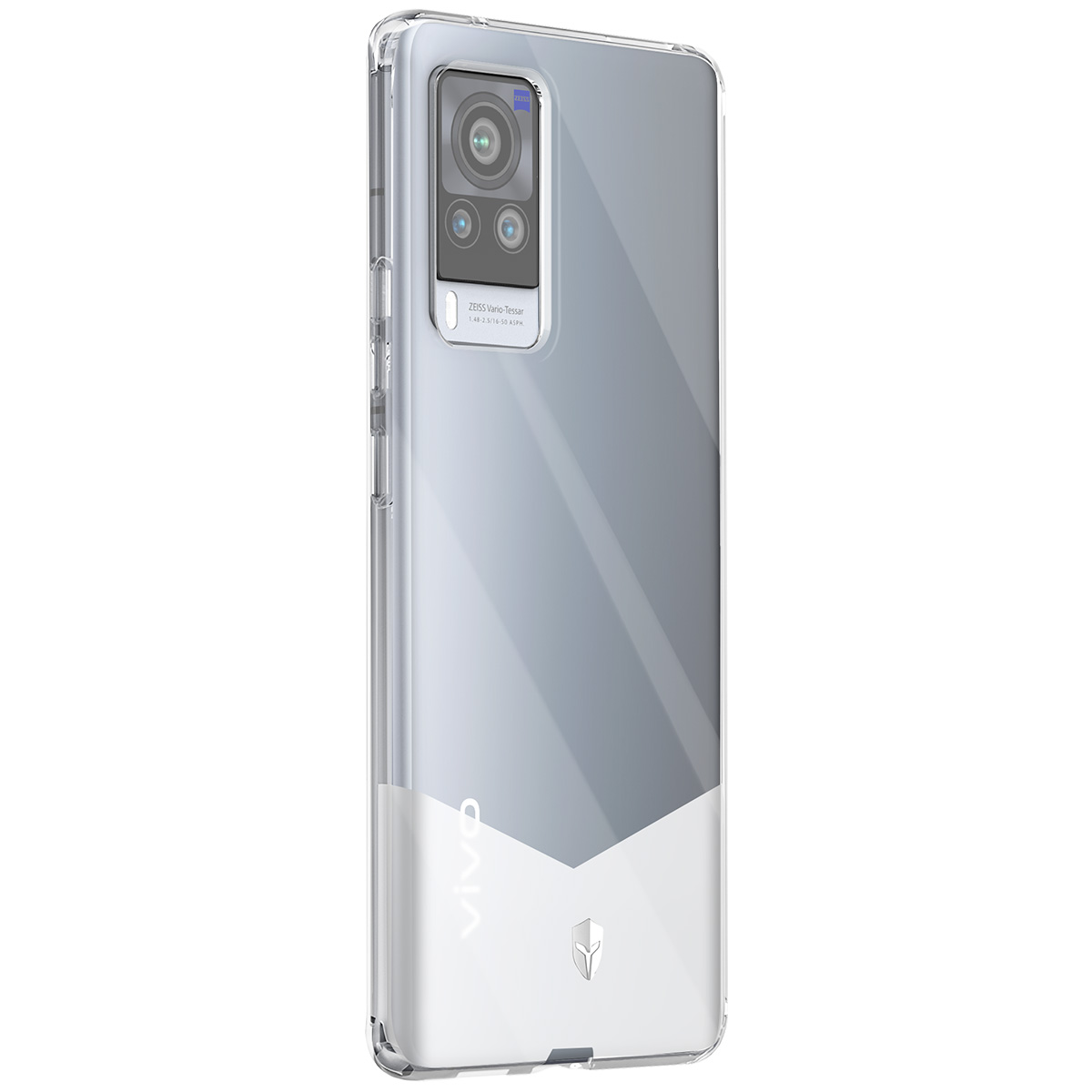 Uno smartphone in una custodia trasparente. Ha un modulo fotocamera e il logo Vivo. Il telefono è argento con un accento bianco in basso.