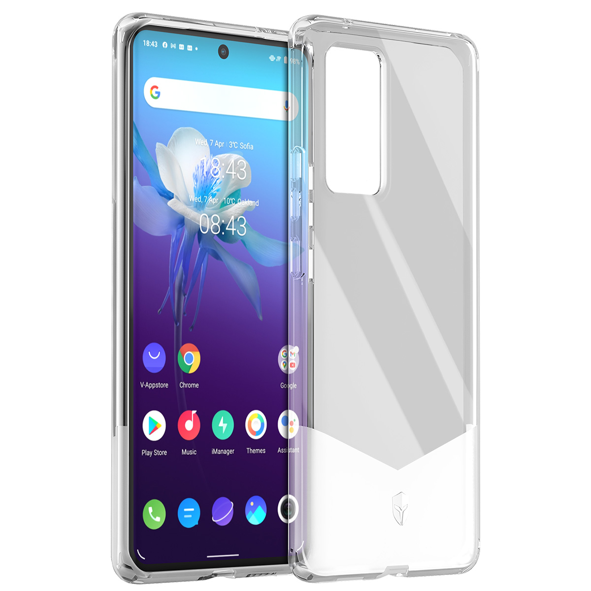 È in mostra uno smartphone con una custodia trasparente. Lo schermo mostra l'ora e le icone delle app. La custodia è trasparente.