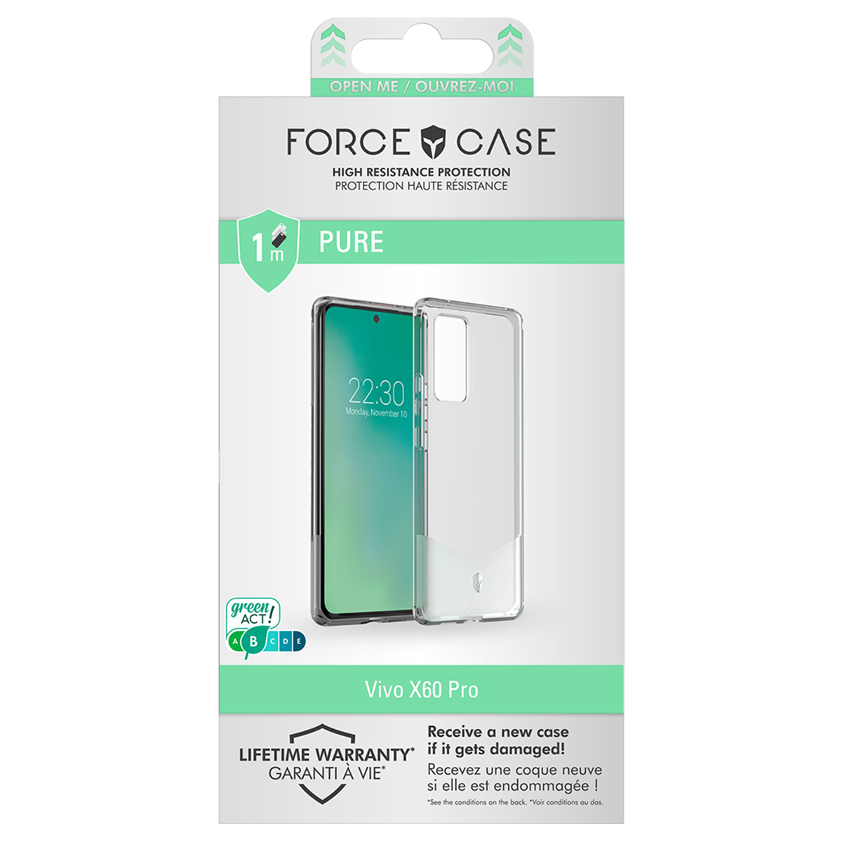 Una confezione di custodia per telefono. Mostra una custodia trasparente con un telefono all'interno, che mostra l'ora. Il testo include 'FORCE CASE' e 'Vivo X60 Pro'.