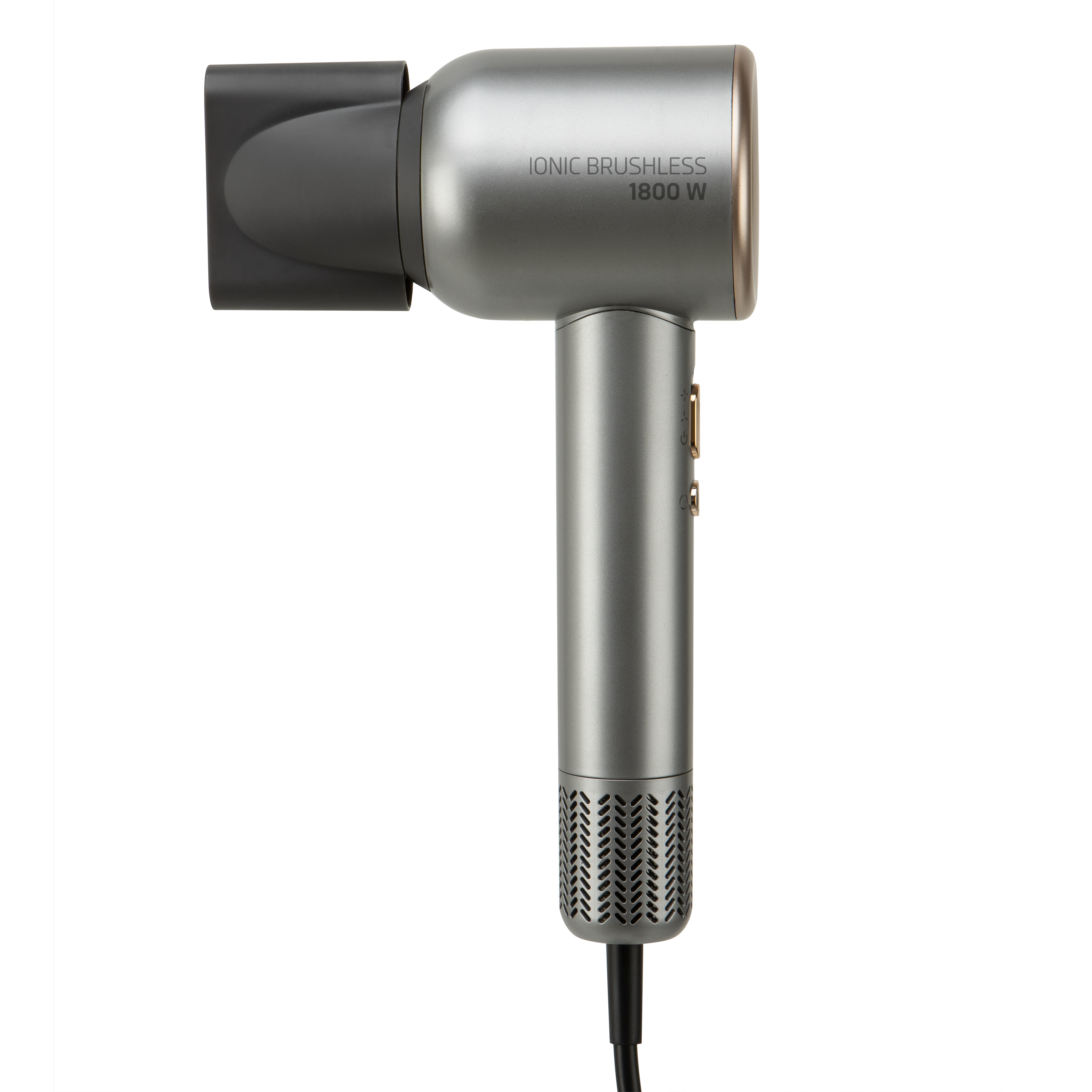 Un asciugacapelli argento e oro. C'è scritto 'IONIC BRUSHLESS 1800 W'. Lo sfondo è bianco.