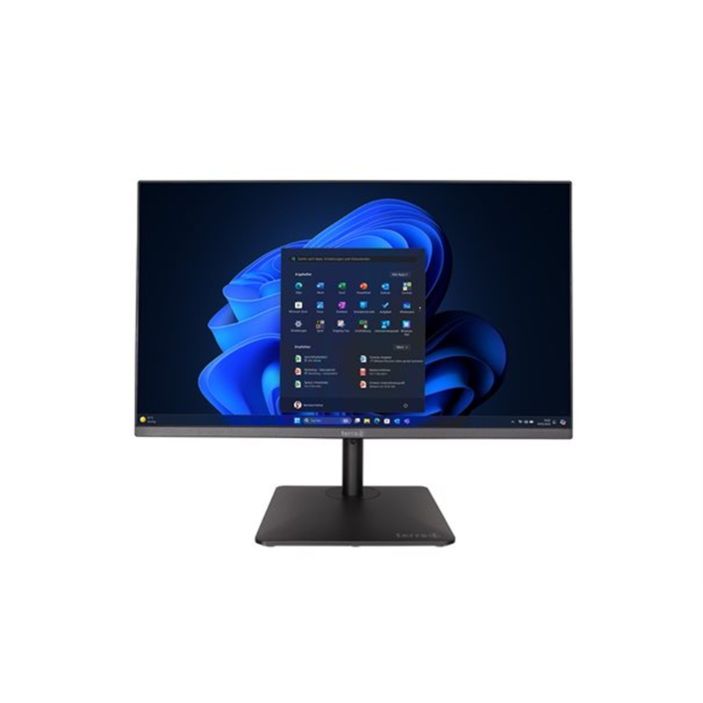 Un monitor di computer mostra un'interfaccia di Windows 11 con icone di app. Ha un supporto nero e uno sfondo scuro.