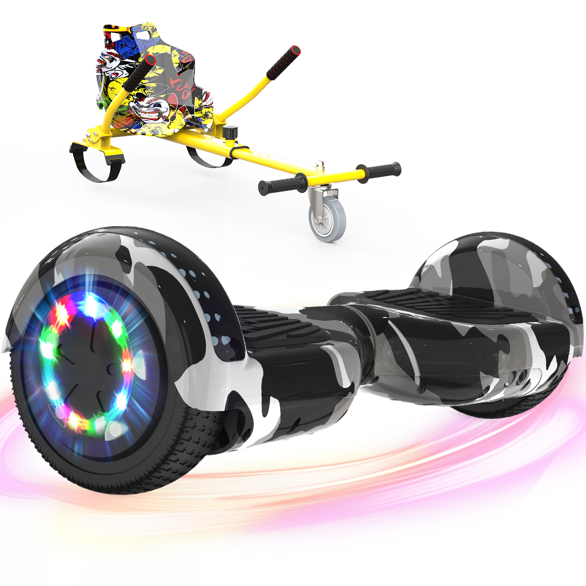 Hoverboard mit gelbem Wagenaufsatz. Das Hoverboard hat ein Tarnmuster mit Farbwechsel-Lichtern. Der Wagen ist gelb und schwarz.