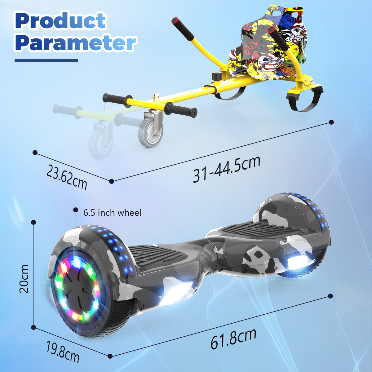 Das Bild zeigt einen gelben Go-Kart und ein schwarz-weißes Hoverboard. Abmessungen sind mit Maßen in cm und Zoll angegeben.
